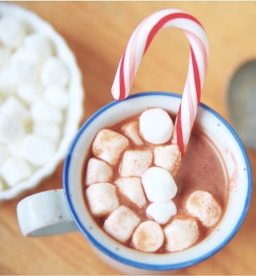 hot chocolate with marshmallows and candy cane stirrer